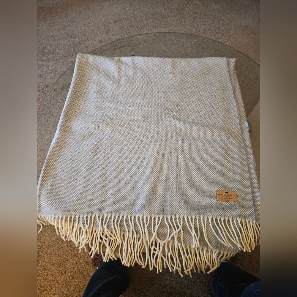 Lands Downunder, Blue and White Woven Throw Blanket with Fringe